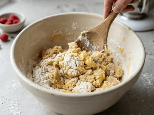 Linzer biscuit dough being gently mixed in a bowl, showing the nut-based texture before chilling.