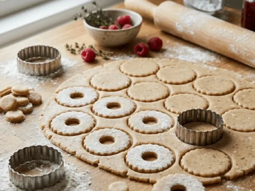Linzer biscuit dough rolled evenly and cut into round shapes with center cutouts for sandwich cookies.