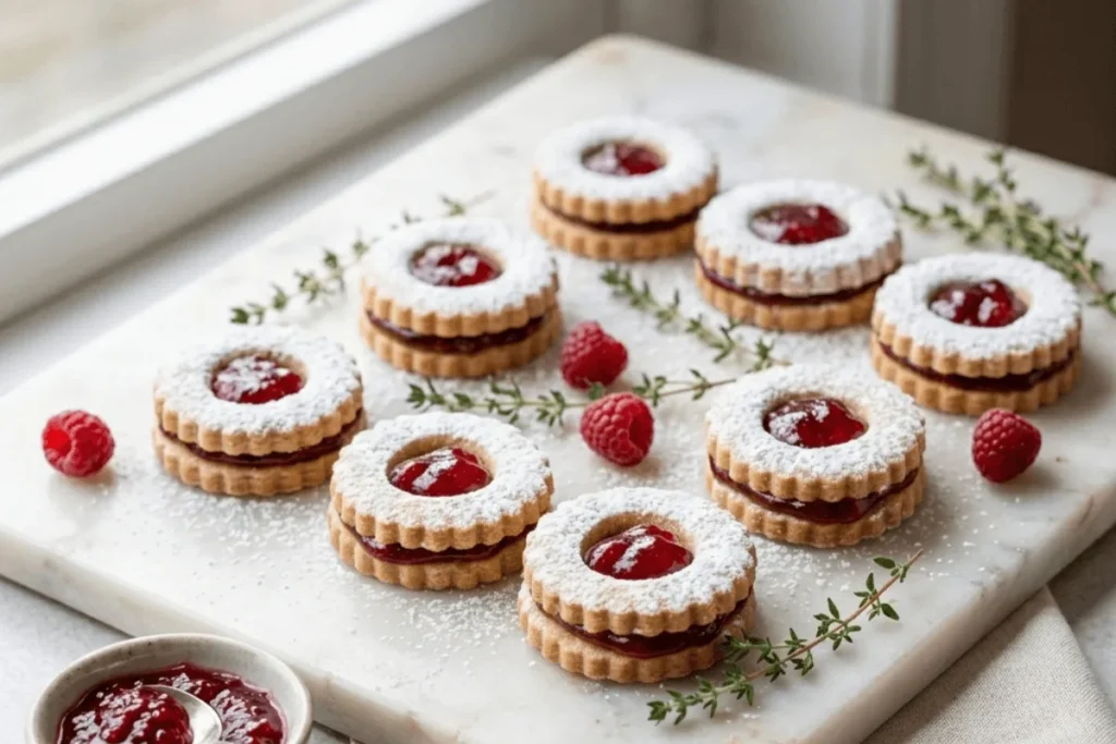 Close-up of a Linzer biscuit showing the jam-filled cutout window and delicate cookie texture.