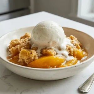 A warm serving of peach dump cake topped with vanilla ice cream, showing the soft peach filling and golden cake topping in a dessert bowl.