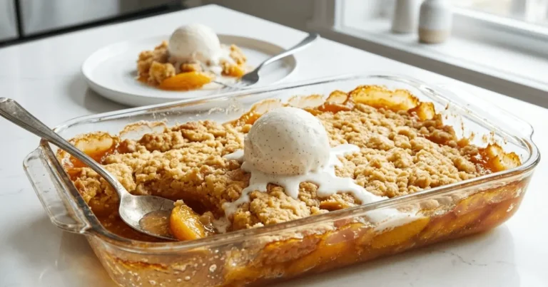 A freshly baked peach dump cake with golden cake topping and juicy peaches served with vanilla ice cream. This easy dessert is made with canned peaches and cake mix.