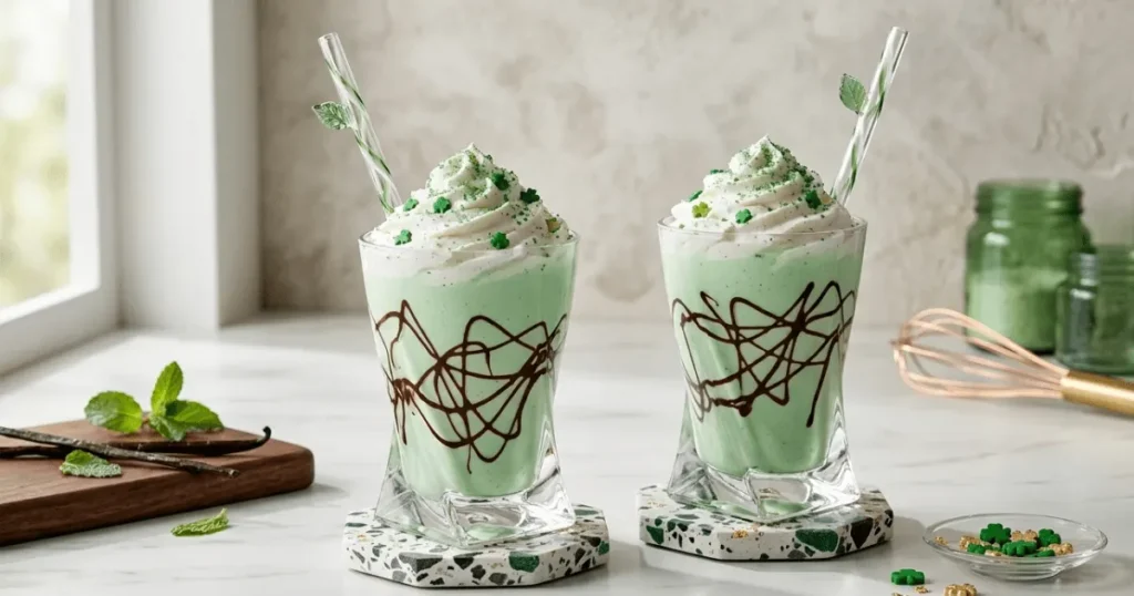 Homemade Shamrock Shake made with vanilla ice cream, milk, and mint extract topped with whipped cream and green sprinkles in a tall glass.
