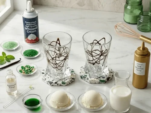 Ingredients used to make a homemade Shamrock Shake including vanilla ice cream, milk, mint extract, and green food coloring.