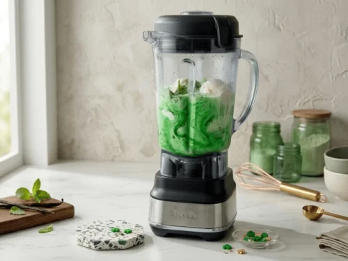 Blender mixing ice cream, milk, and mint extract to create a creamy green Shamrock Shake.
