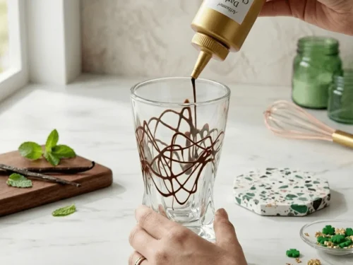 Chocolate syrup drizzled inside a milkshake glass to decorate a homemade Shamrock Shake.
