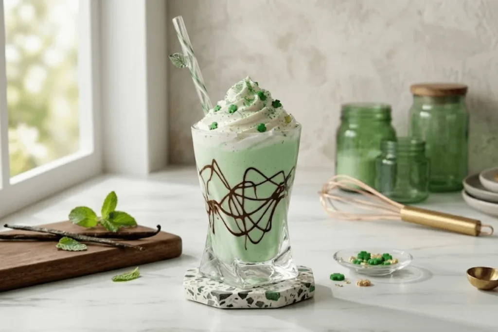 Homemade Shamrock Shake topped with whipped cream and green sprinkles in a tall glass.