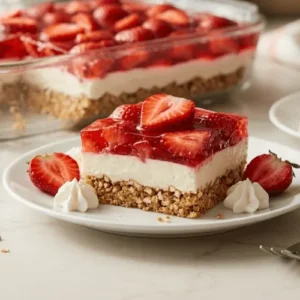 Classic strawberry pretzel salad dessert with crunchy pretzel crust, creamy cheesecake filling, and strawberry gelatin topping with fruit.