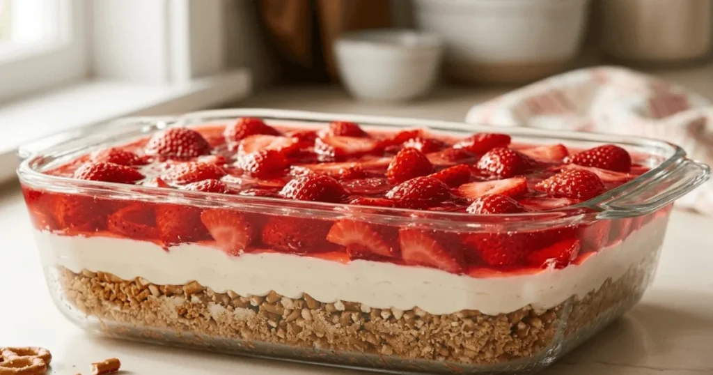 Classic strawberry pretzel salad dessert with crunchy pretzel crust, creamy cheesecake filling, and strawberry gelatin topping with fruit.