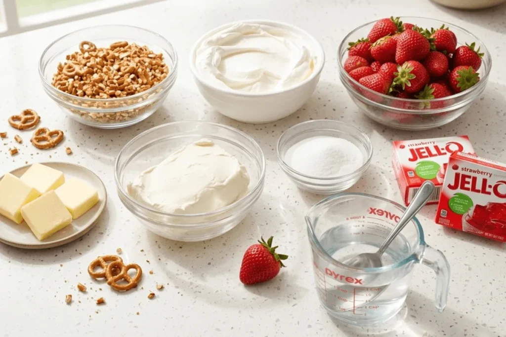 Top view of strawberry pretzel salad ingredients including pretzels, butter, cream cheese, sugar, whipped topping, strawberry gelatin, and fresh strawberries arranged for preparation.