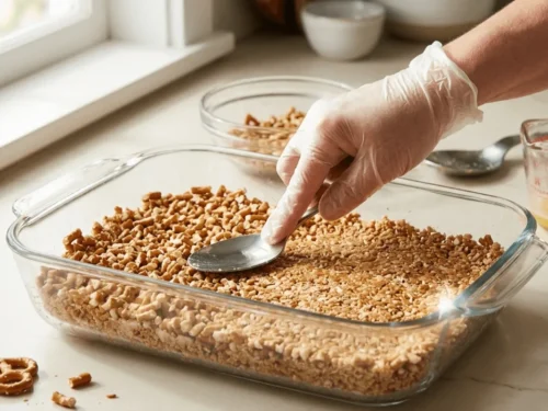 Crushed pretzels combined with butter and sugar pressed into a baking dish to create the crust for strawberry pretzel salad.