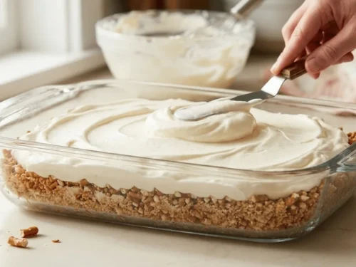 Smooth cream cheese and whipped topping mixture spread over pretzel crust to form the creamy layer of strawberry pretzel salad.