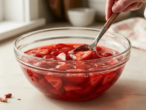 Bowl of strawberry gelatin mixture with fresh strawberry slices used for the top layer of strawberry pretzel salad.