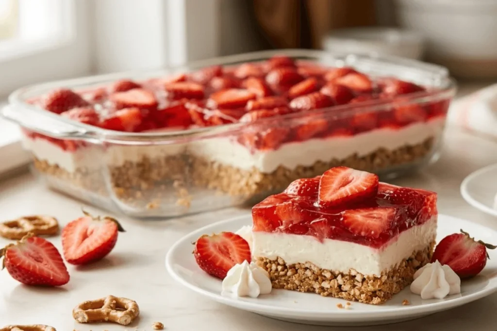 Square slice of strawberry pretzel salad dessert showing three distinct layers of crust, cream filling, and strawberry gelatin topping.