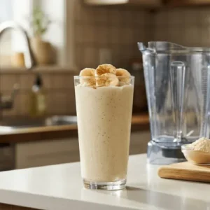 Creamy vanilla protein shake made with banana, almond milk, and protein powder in a tall glass. A quick high-protein smoothie perfect for breakfast or post-workout recovery.
