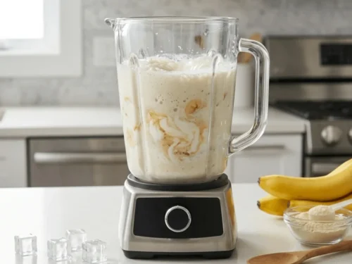 Blender mixing banana, protein powder, almond milk, and yogurt into a creamy vanilla protein shake.
