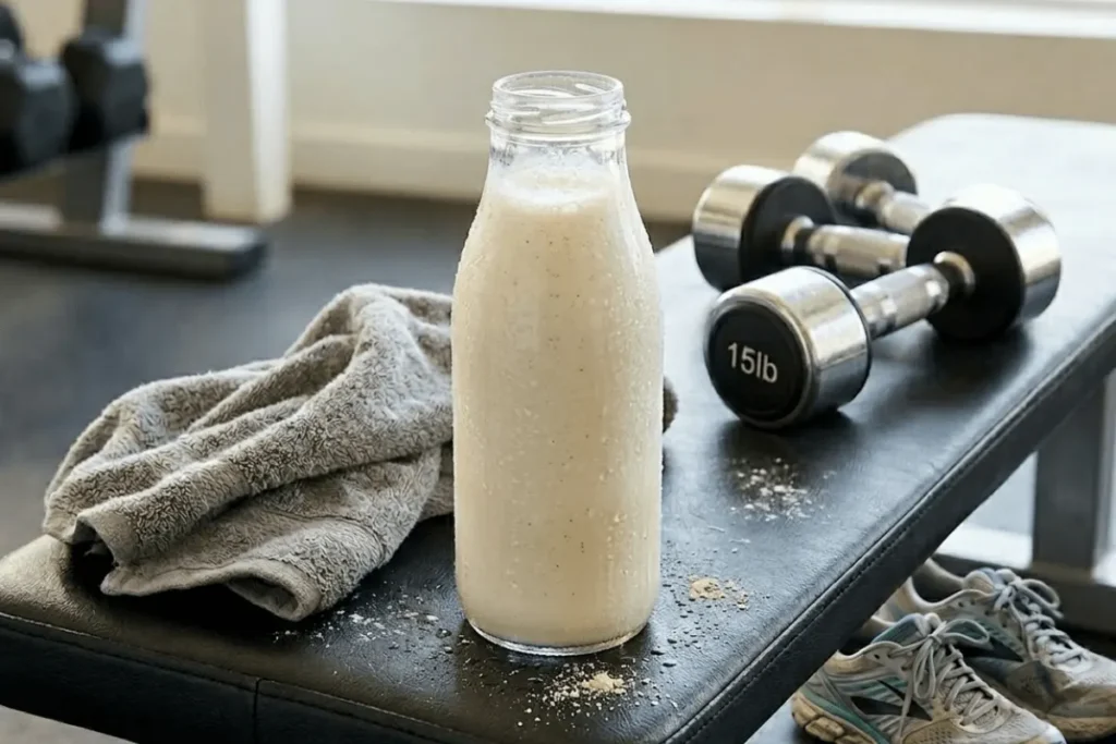 Creamy vanilla protein shake served after a workout with gym equipment like dumbbells and a towel in the background.