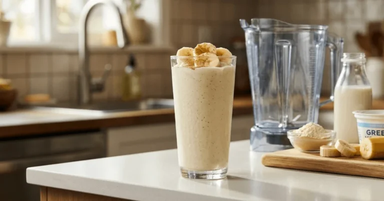 Creamy vanilla protein shake made with banana, almond milk, and protein powder in a tall glass. A quick high-protein smoothie perfect for breakfast or post-workout recovery.
