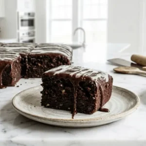 Chocolate zucchini cake squares topped with glossy white glaze served on a marble counter in a modern bright kitchen.