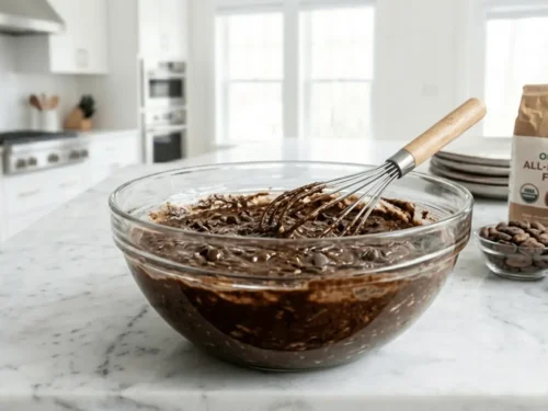 Shredded zucchini and chocolate chips mixed into chocolate cake batter.