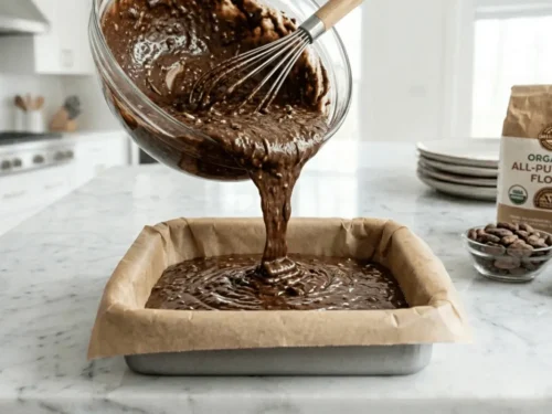 Chocolate zucchini cake baking in the oven with melted chocolate chips on top.