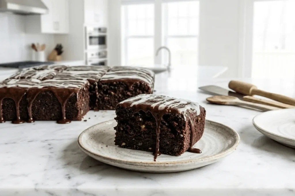 Close-up of white glaze being drizzled over chocolate zucchini cake with glossy dripping texture.