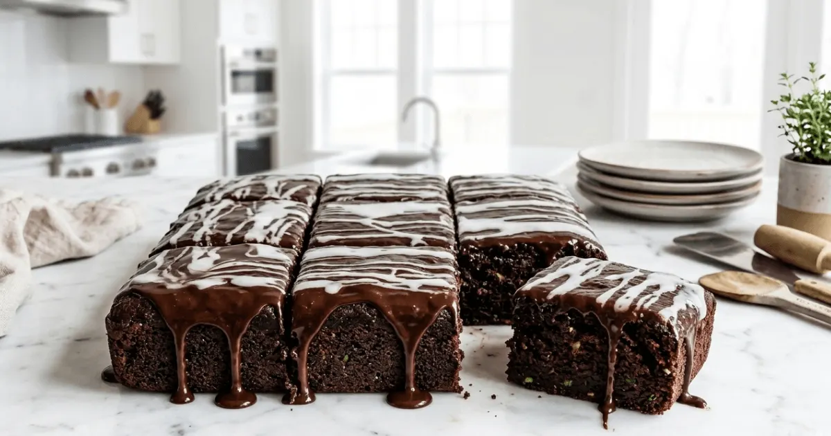 Moist chocolate zucchini cake slices topped with chocolate glaze and chocolate chips beside fresh zucchini.