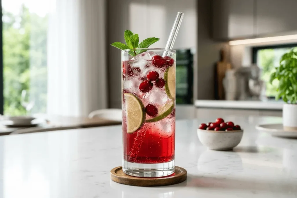 A sparkling cranberry mocktail with lime slices and fresh cranberries served over ice, showcasing the Cranberry Juice Benefits for glowing skin, hydration, and natural wellness in a refreshing healthy beverage.