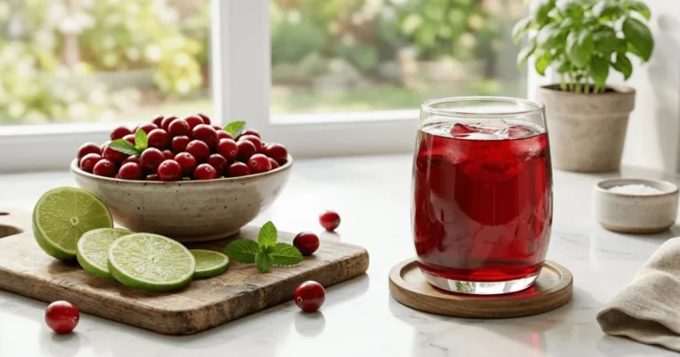 A glass of fresh cranberry juice with cranberries and lime slices displayed in a modern kitchen setting. The image represents natural skincare and healthy beauty drinks for glowing skin.