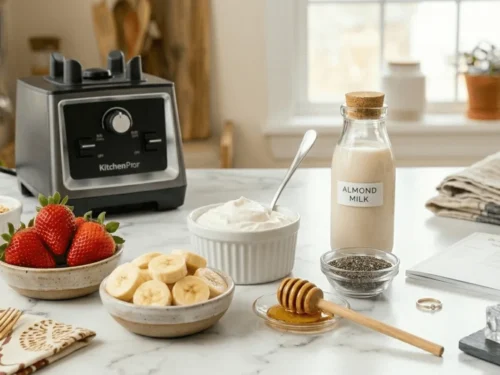 Fresh strawberry banana smoothie ingredients displayed on a kitchen counter including strawberries, bananas, yogurt, milk, chia seeds, and honey. Healthy ingredients prepared for a homemade smoothie recipe.