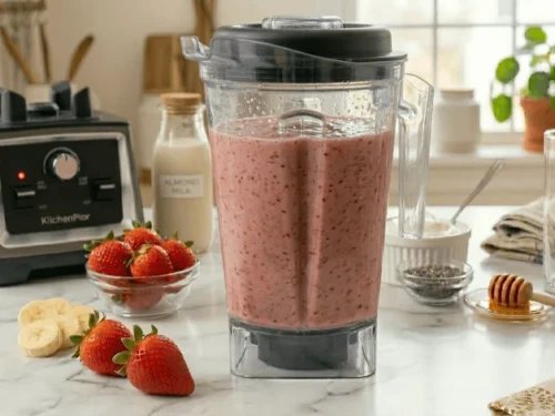 Blender mixing a creamy strawberry banana smoothie at home. Smooth fruit mixture creating a healthy breakfast drink.