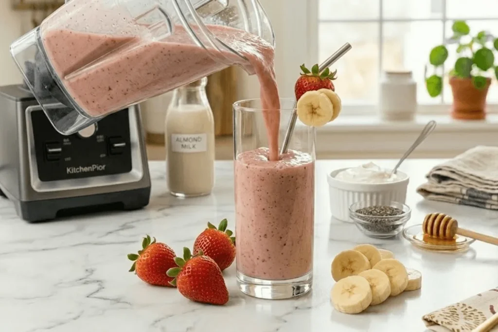 Fresh strawberry banana smoothie served in a tall glass with fruit garnish. Healthy homemade smoothie ready to drink.