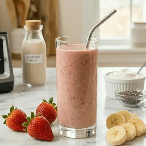 Creamy strawberry banana smoothie served in a tall glass with fresh strawberries and banana slices. Healthy homemade breakfast smoothie packed with natural energy and vitamins.