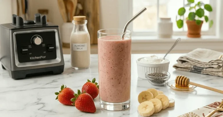 Creamy strawberry banana smoothie served in a tall glass with fresh strawberries and banana slices. Healthy homemade breakfast smoothie packed with natural energy and vitamins.