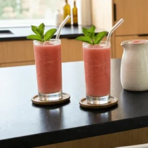 Tall glass of pink watermelon smoothie next to a high-performance blender and ceramic pitcher in a modern minimalist kitchen