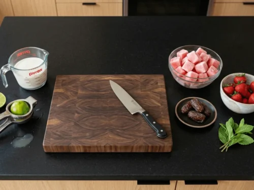 Smoothie ingredients laid out on a black kitchen island with measuring cup, juicer, cutting board, bowls of frozen watermelon and strawberries
