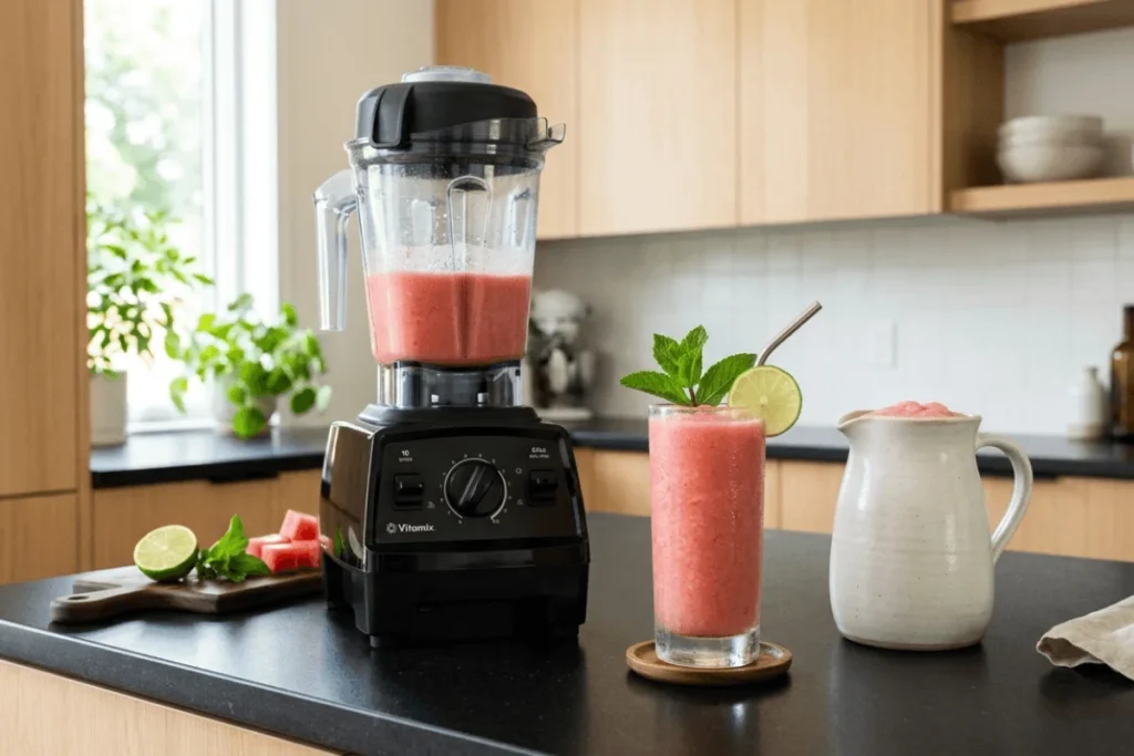 Two glasses of pink watermelon smoothie with reusable straws and a matching pitcher on a modern kitchen breakfast bar with stools and sunlight from large windows
