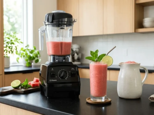 Two glasses of pink watermelon smoothie with reusable straws and a matching pitcher on a modern kitchen breakfast bar with stools and sunlight from large windows