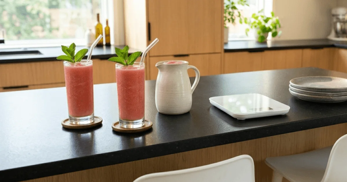 Tall glass of pink watermelon smoothie next to a high-performance blender and ceramic pitcher in a modern minimalist kitchen