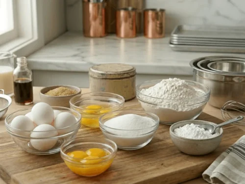 Ingredients needed to make homemade lady fingers including eggs, sugar, flour, and vanilla extract. This image presents the essential ingredients for authentic savoiardi biscuits.