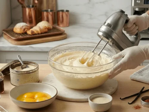 Egg yolks and sugar being whipped into a fluffy pale mixture for homemade lady fingers. This step creates the light texture needed for authentic savoiardi biscuits.