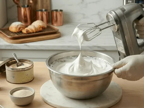 Glossy stiff peak meringue prepared from whipped egg whites for lady fingers recipe. Properly whipped egg whites help create soft and airy Italian sponge biscuits.