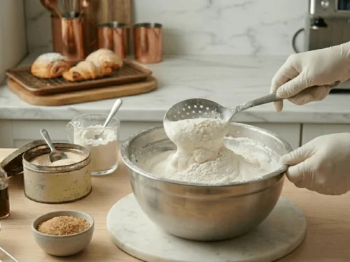 Flour being gently folded into airy lady fingers batter before piping. Careful folding keeps the sponge batter light and prevents dense biscuits.