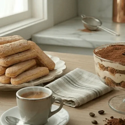 Fresh homemade lady fingers served beside a creamy Italian tiramisu dessert with cocoa powder and espresso. This image highlights the authentic homemade savoiardi biscuits used in classic tiramisu recipes.