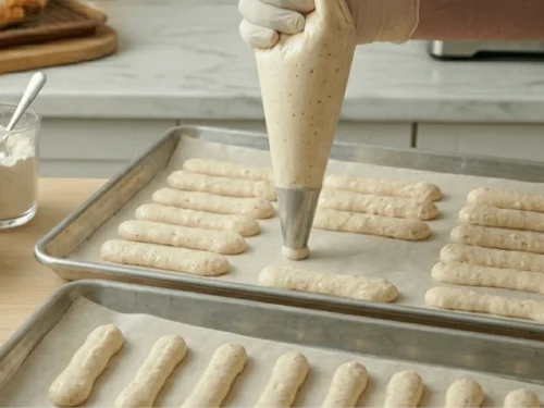 Lady fingers batter piped onto baking trays before baking into crispy sponge biscuits. This step shapes the classic Italian savoiardi cookies used for tiramisu.