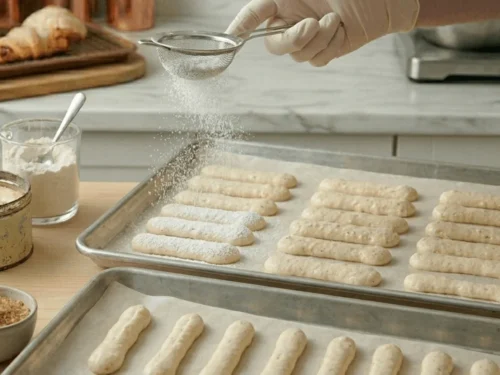Powdered sugar being dusted over homemade lady fingers before baking. The sugar coating helps create the signature crispy exterior of savoiardi biscuits.