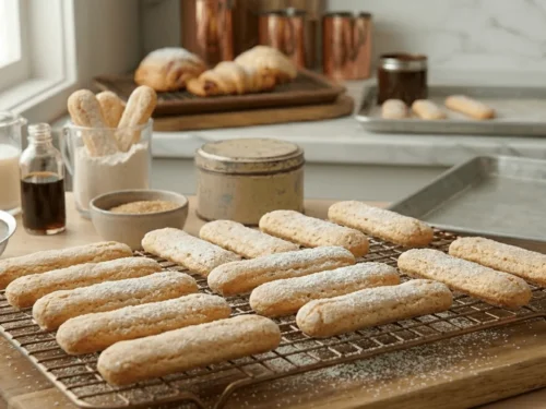 Freshly baked homemade lady fingers cooling after baking for tiramisu preparation. These crispy and airy sponge biscuits are ideal for Italian desserts.