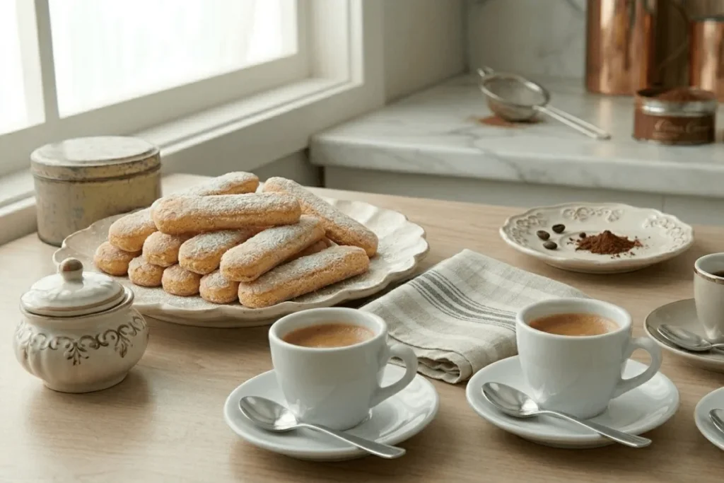 Fresh homemade lady fingers served on a dessert plate beside espresso and tiramisu. This image showcases the classic Italian presentation of savoiardi biscuits.