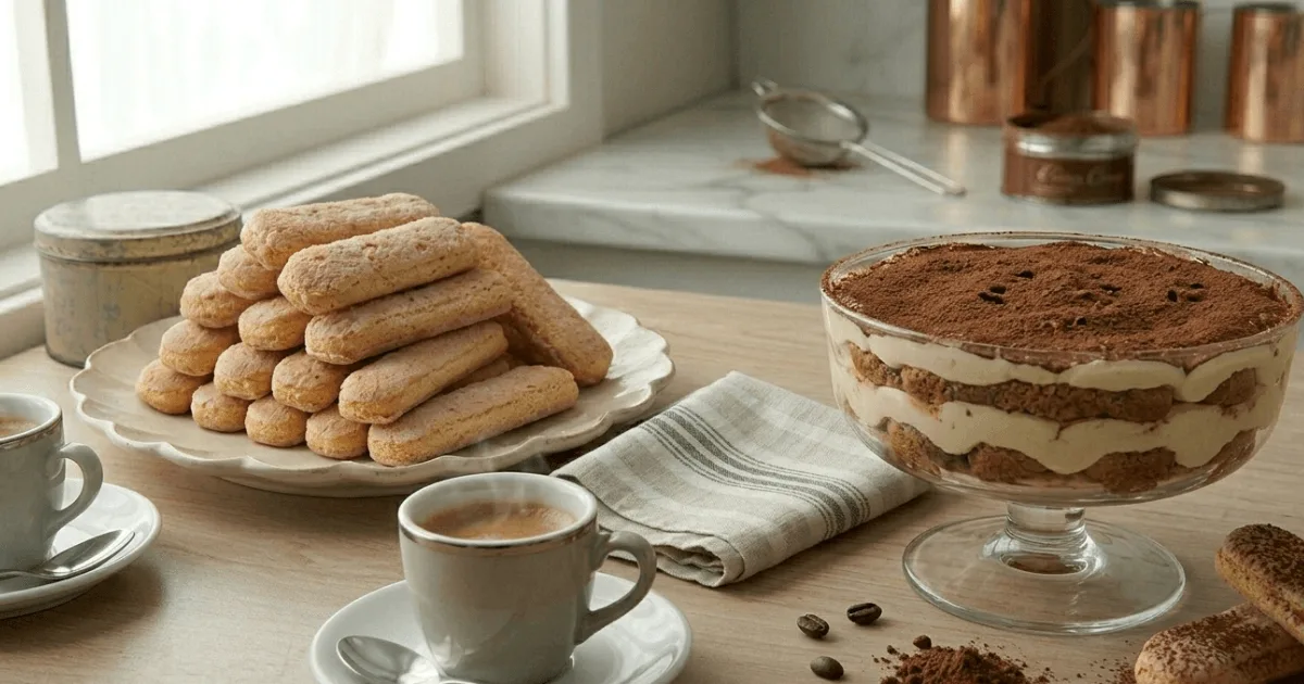 Fresh homemade lady fingers served beside a creamy Italian tiramisu dessert with cocoa powder and espresso. This image highlights the authentic homemade savoiardi biscuits used in classic tiramisu recipes.